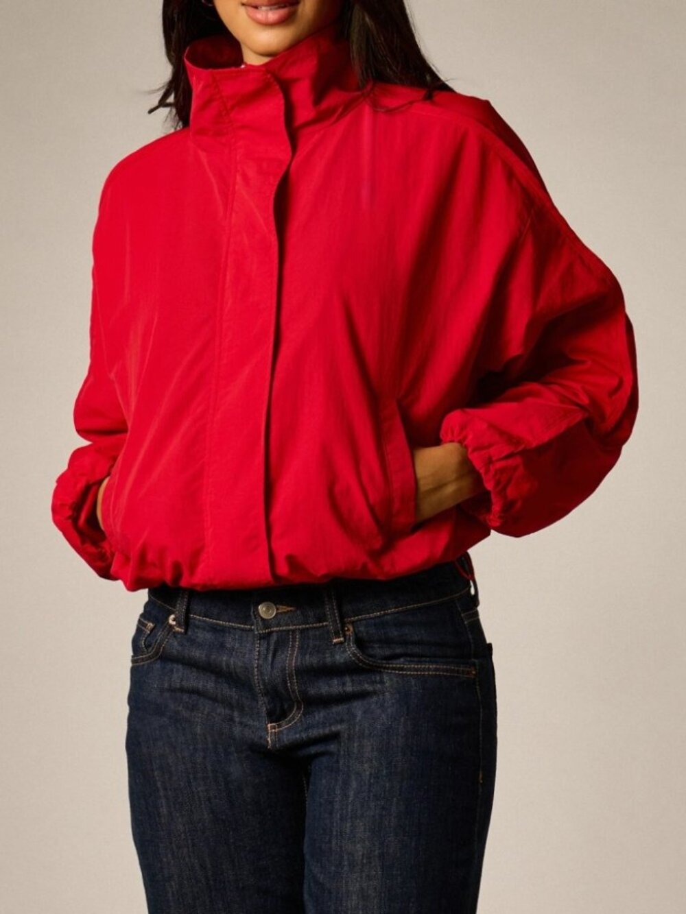 Red Woven Zip-Up Windbreaker Jacket with Stand Collar